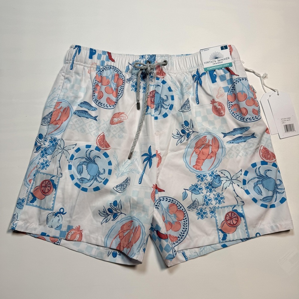 Vintage Summer Swim Trunks‎ Mens Large White Nautical Compression Liner Pockets